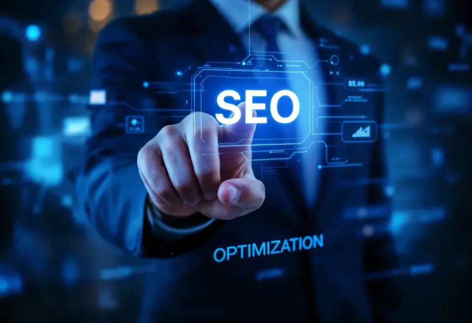 SEO specialist menganalisis performa website di depan komputer