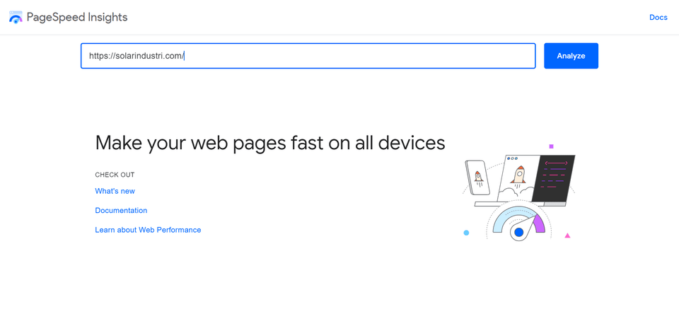 mengisi URL website pada kolom PageSpeed untuk cek kecepatan website