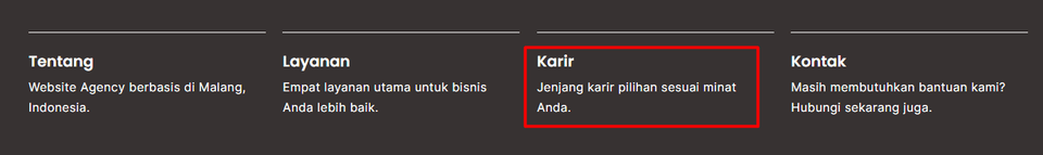 Footer sebuah website yang berisi CTA ke laman karir