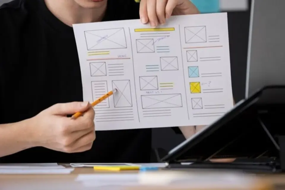 Seorang Perempuan Menunjukkan Sketsa Web Design dengan Mempertimbangkan User Scenario