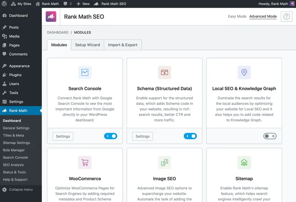 dashboard rank math, salah satu plugin wordpress