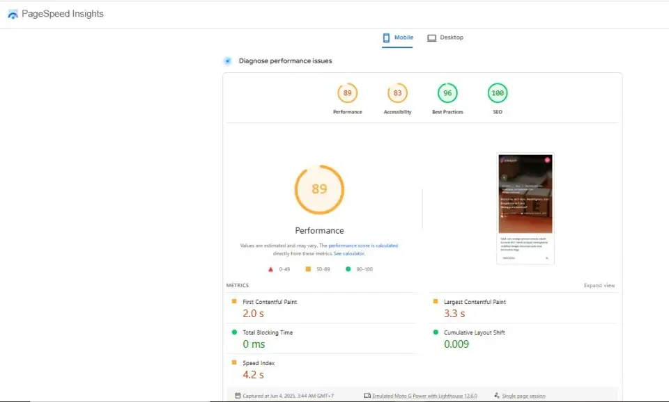 Report kecepatan halaman pada perangkat mobile