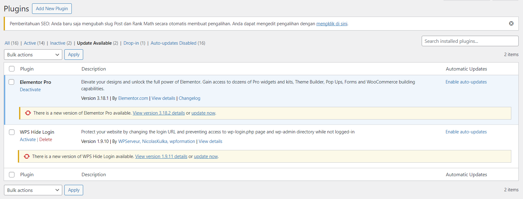 memeriksa pembaruan plugin