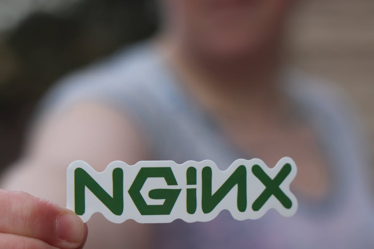 seseorang memegang stiker berlogo nginx